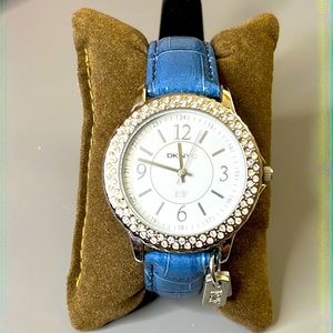 DKNY Watch with Red Band CZ/Rhinestone bezel blue crocodile band